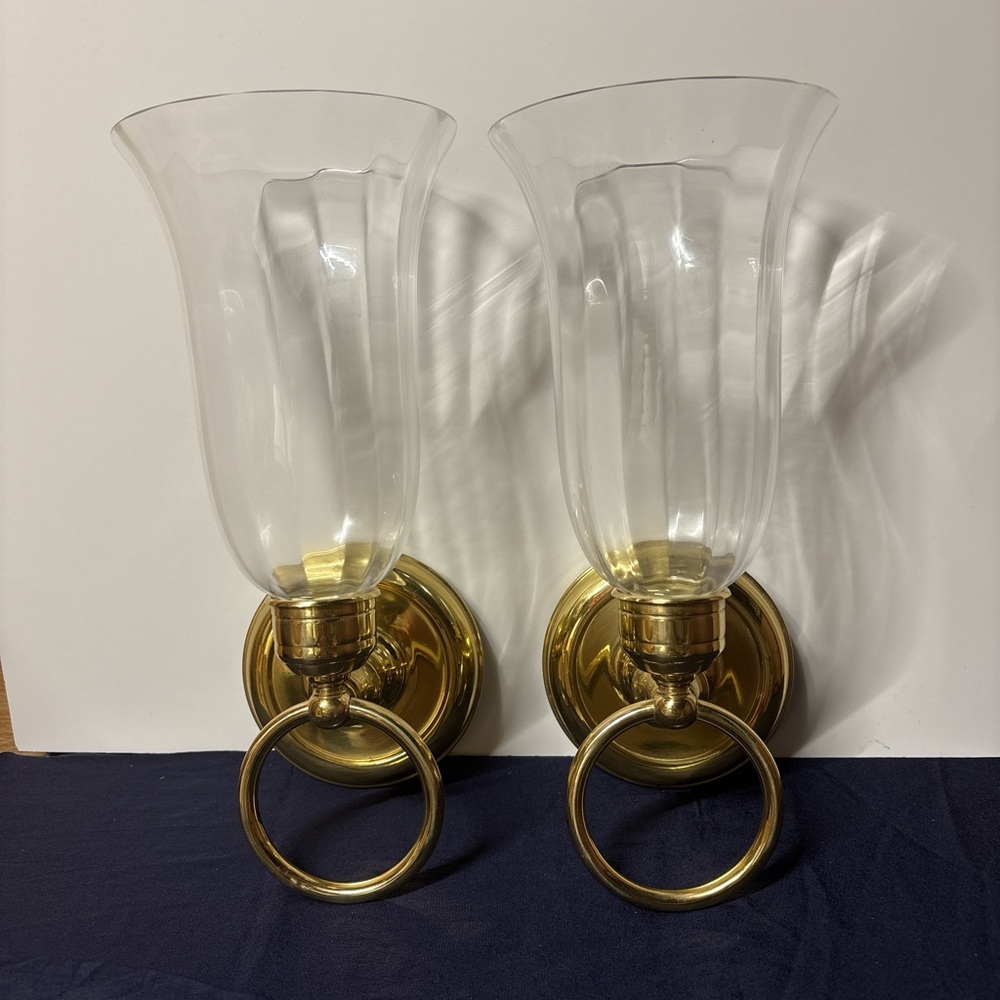 Vintage Elegant Brass and Glass Wall Candle Holder Sconces